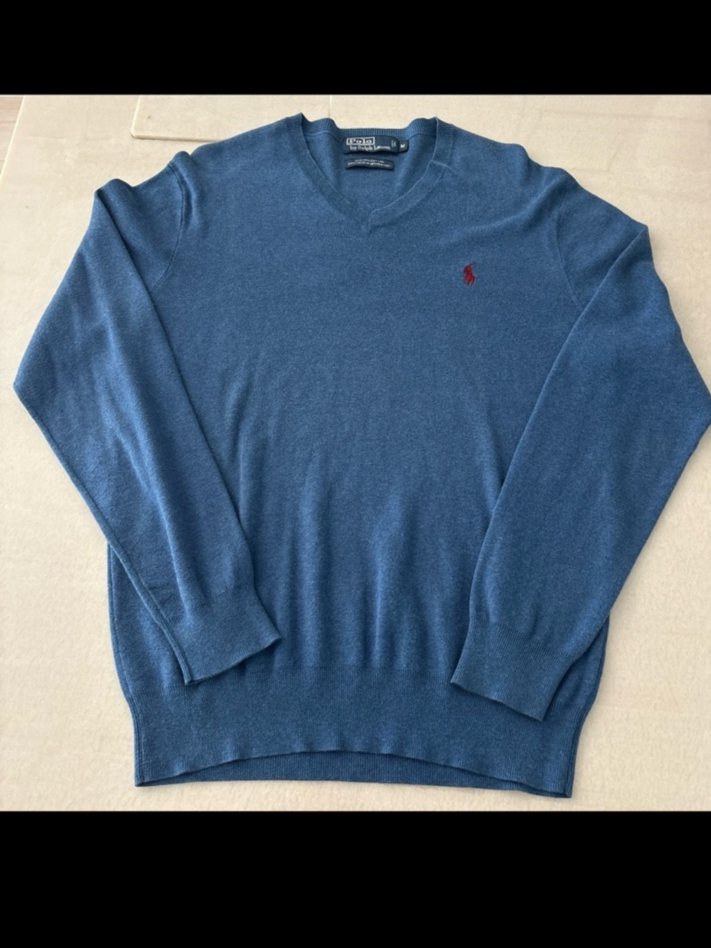 Ralph Lauren Men's Denim Blue V-Neck Sweater with Red Pony